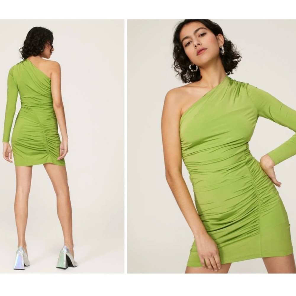 Atlein one shoulder ruched green mini dress size medium